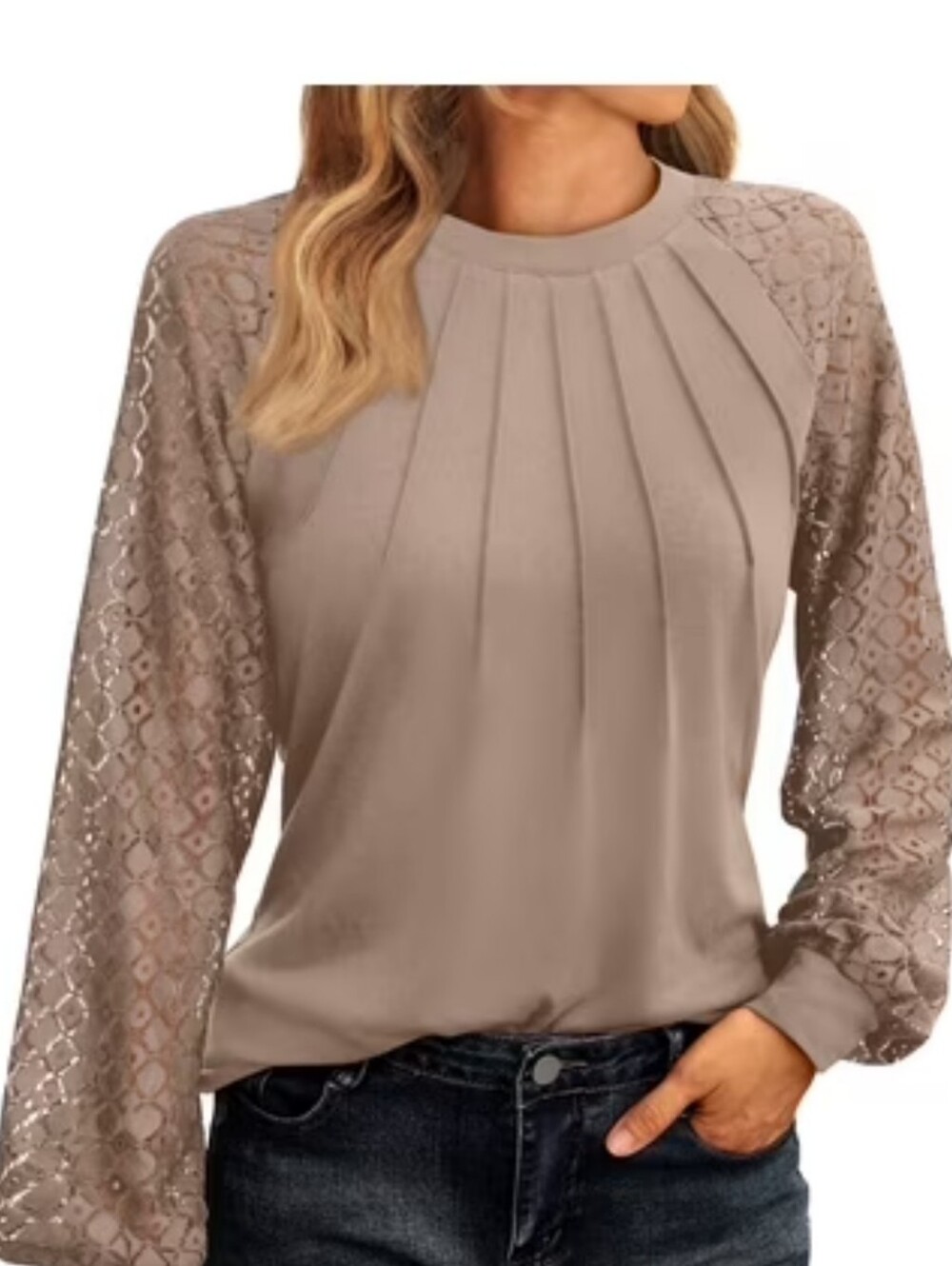 AUTOMET Beige Pleated Crewneck Lace Long Sleeve Blouse Top L. New